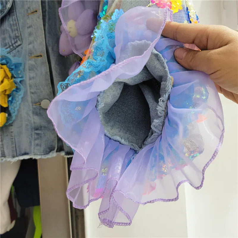 DENIM JACKET MESH FLOWER PATCHWORK