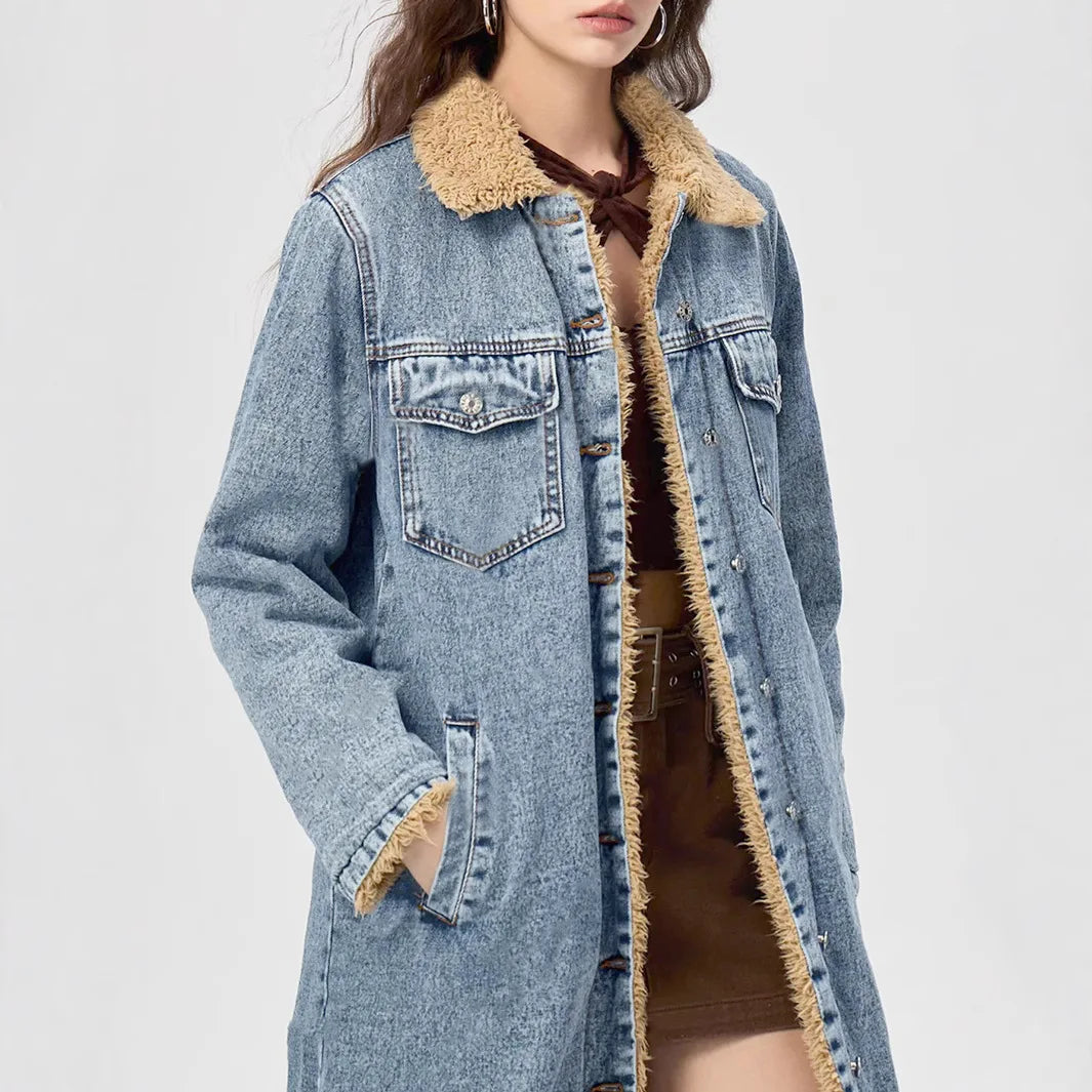 DENIM JACKET Single Breasted Fleece Spliced