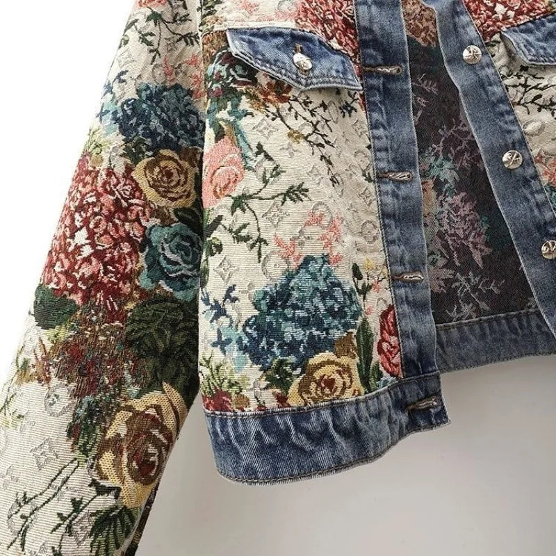 ROUND NECK FLOWER DENIM JACKET
