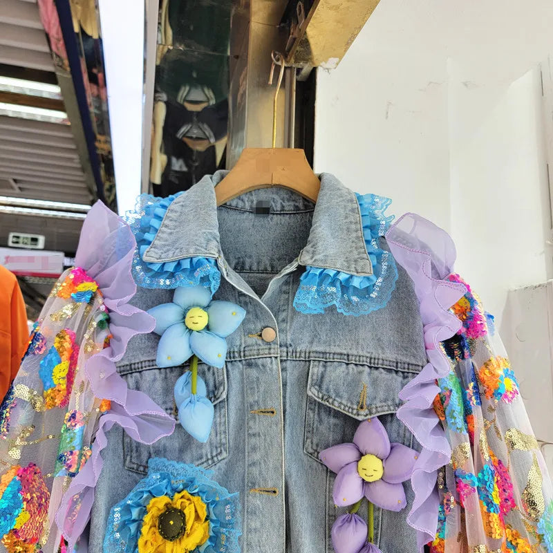 DENIM JACKET MESH FLOWER PATCHWORK