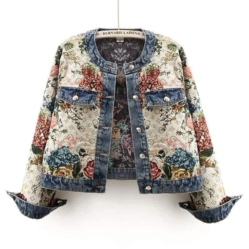 ROUND NECK FLOWER DENIM JACKET
