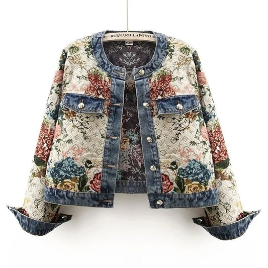 ROUND NECK FLOWER DENIM JACKET