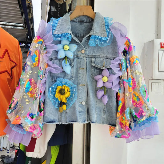 DENIM JACKET MESH FLOWER PATCHWORK