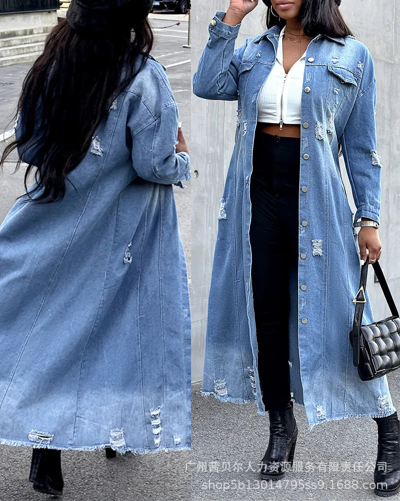 Front Long Ripped Denim Jacket