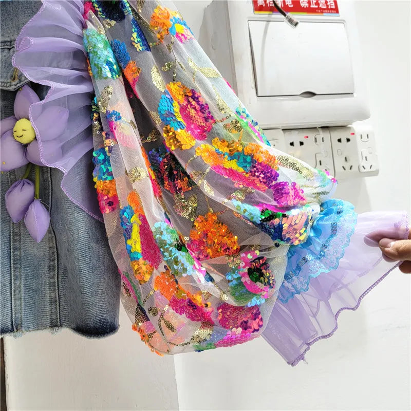 DENIM JACKET MESH FLOWER PATCHWORK