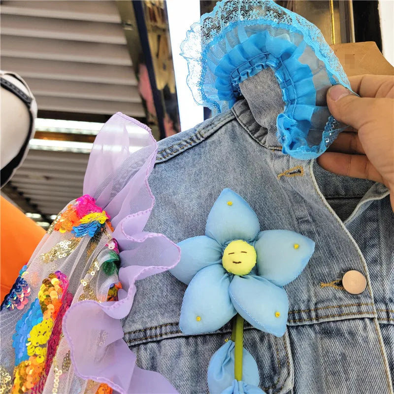 DENIM JACKET MESH FLOWER PATCHWORK