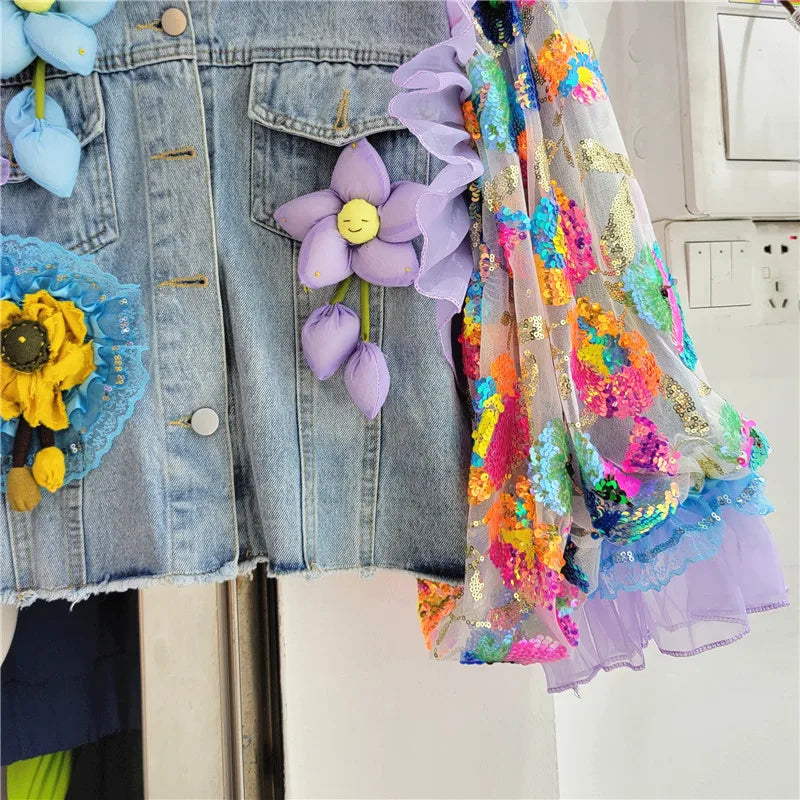 DENIM JACKET MESH FLOWER PATCHWORK