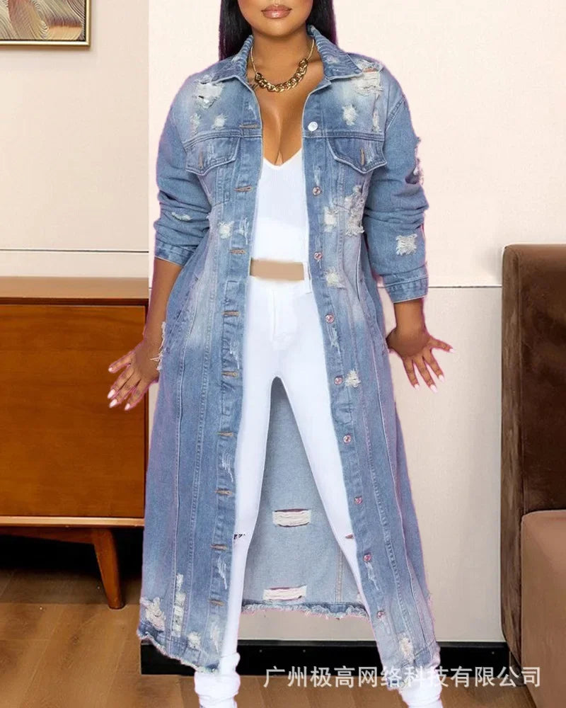 Front Long Ripped Denim Jacket