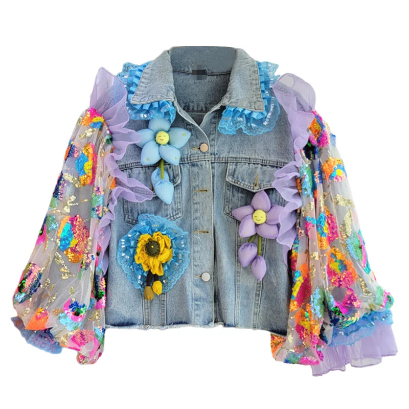 DENIM JACKET MESH FLOWER PATCHWORK