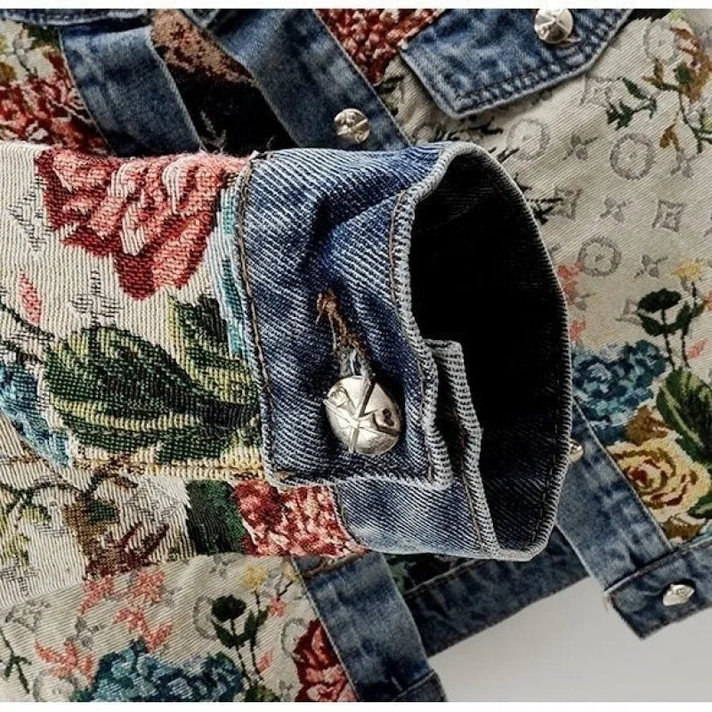 ROUND NECK FLOWER DENIM JACKET